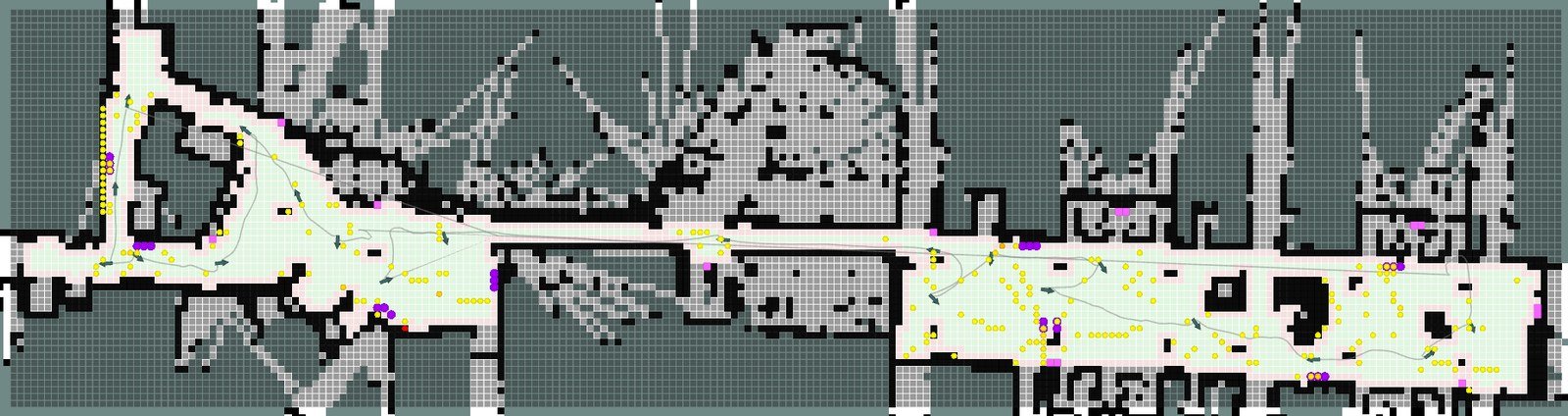 Full gas-distribution map built by ARMEx: occupancy grid with gas concentration measurements overlaid